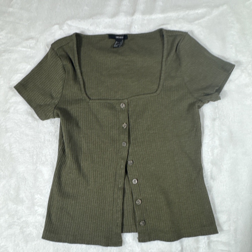 Forever 21 Cropped Knit Top Green Button Up Ribbed Short Sleeve Large